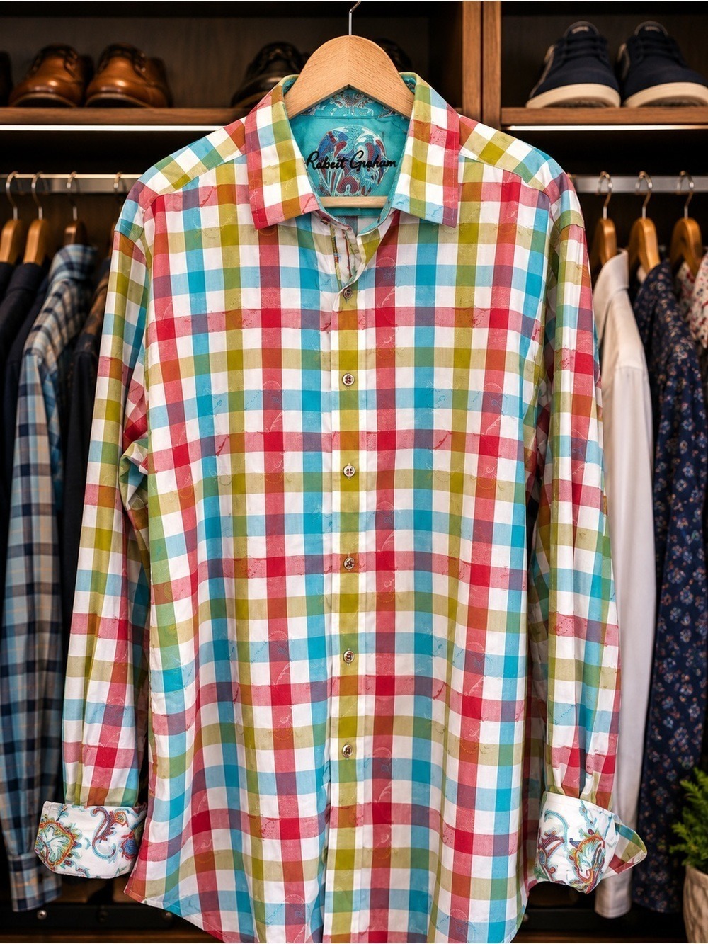 Robert Graham XL Multicolor Plaid Paisley Jacquard Flip Cuff Shirt | XL